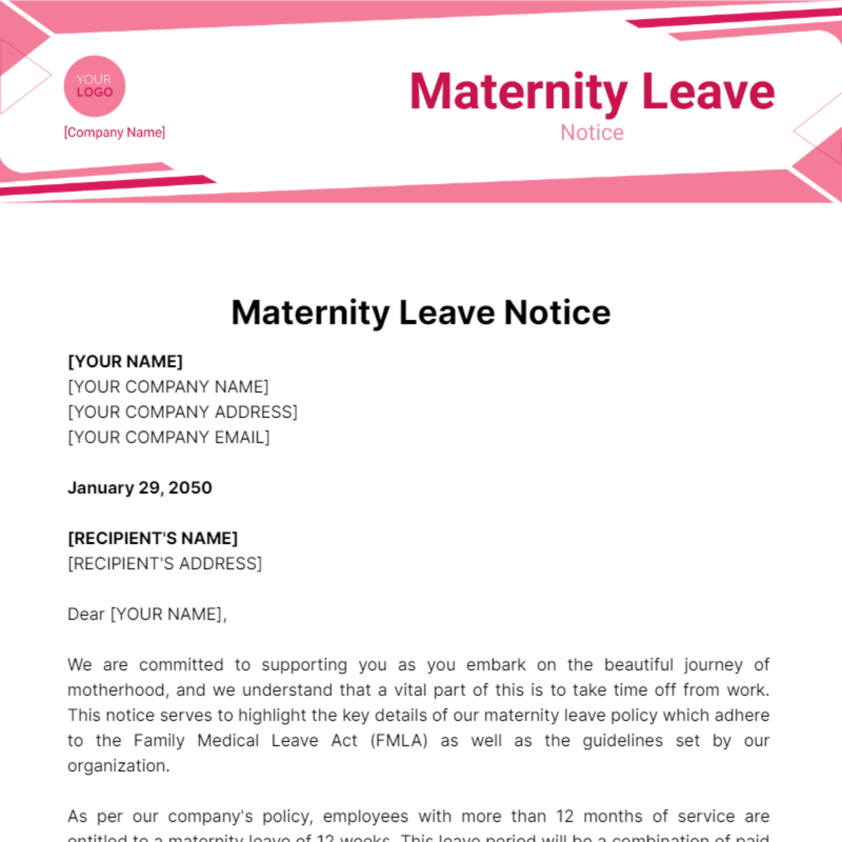 Maternity Leave Notice Template - Edit Online & Download