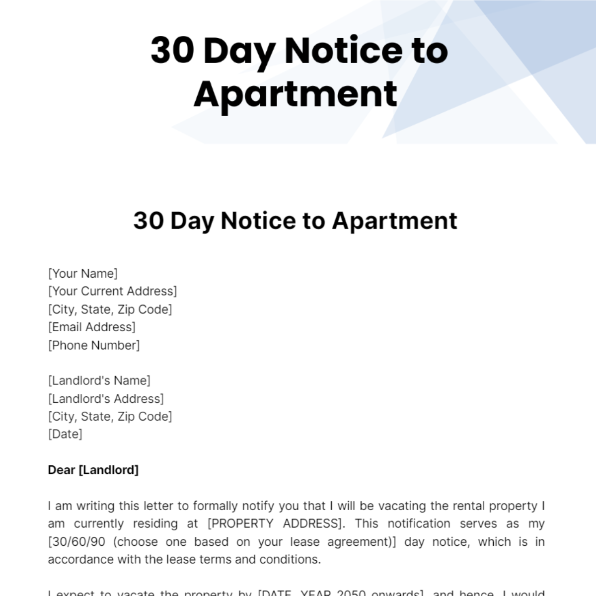 Free 30 Day Notice to Apartment Template