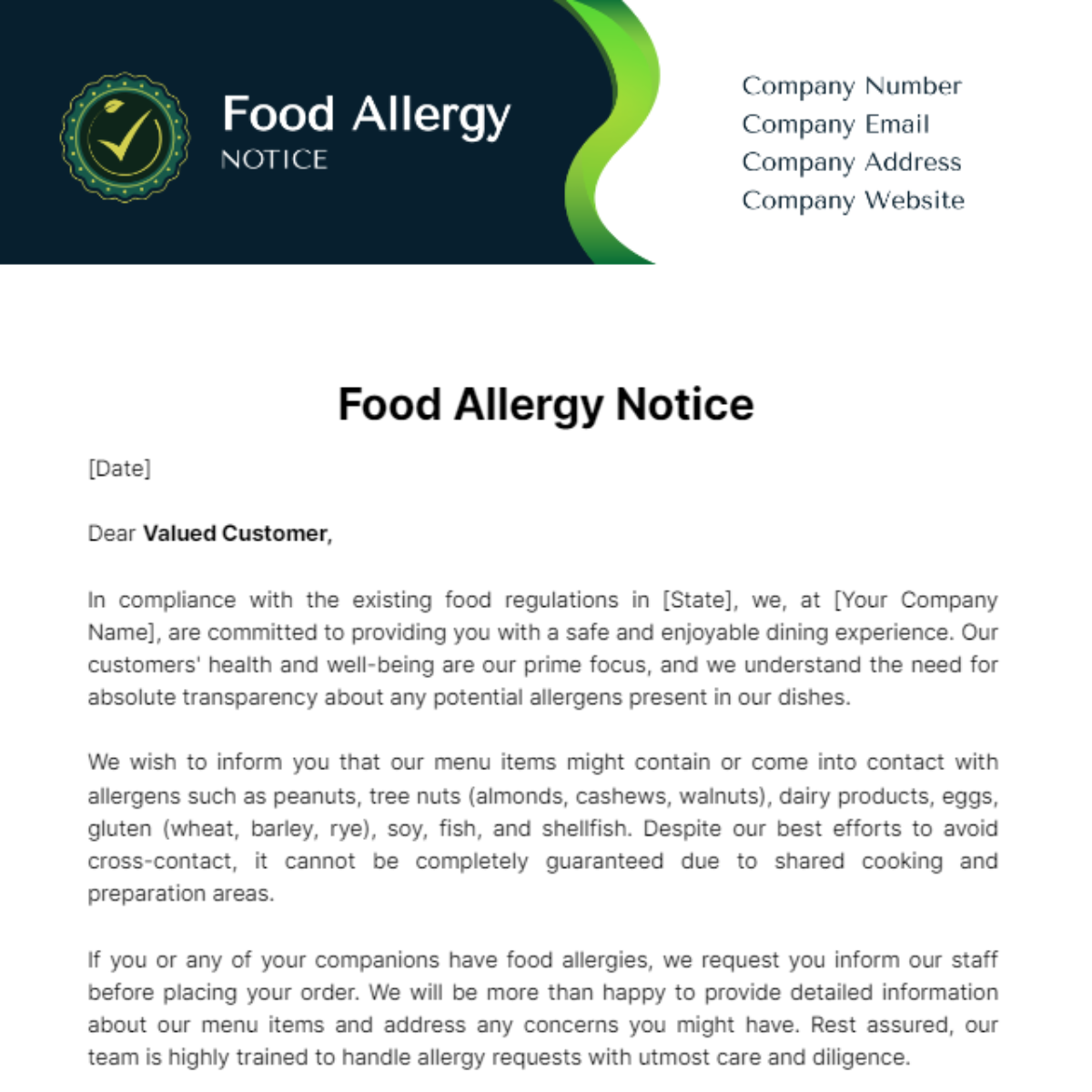 Food Allergy Notice Template