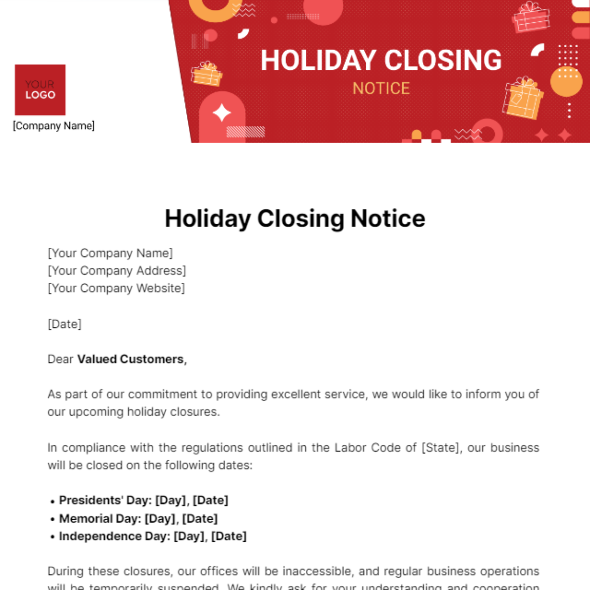 Holiday Closing Notice Template
