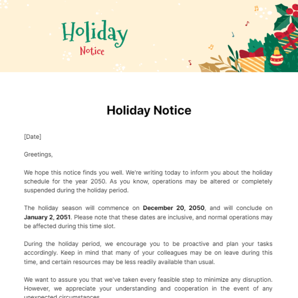 Holiday Notice Template