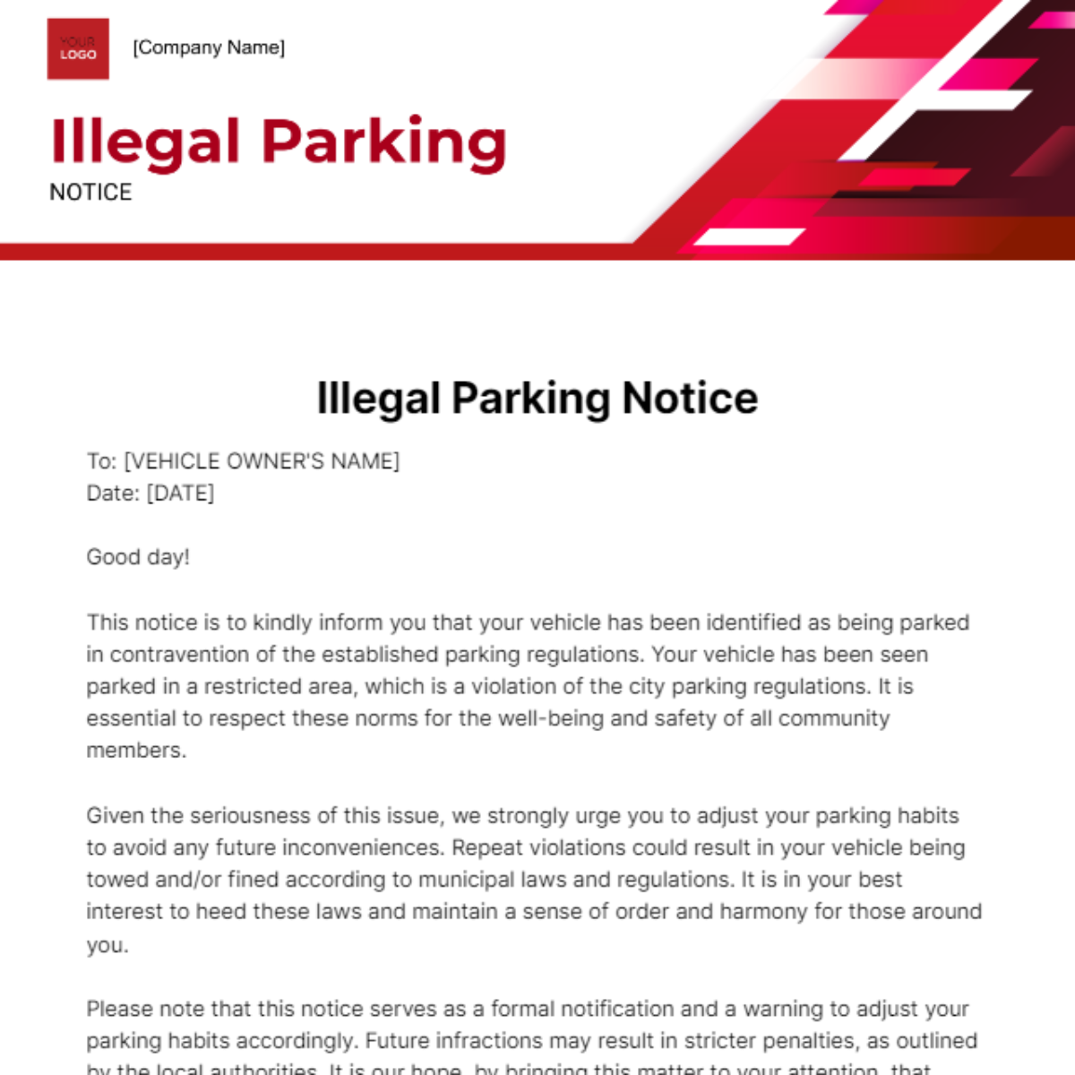 Illegal Parking Notice Template