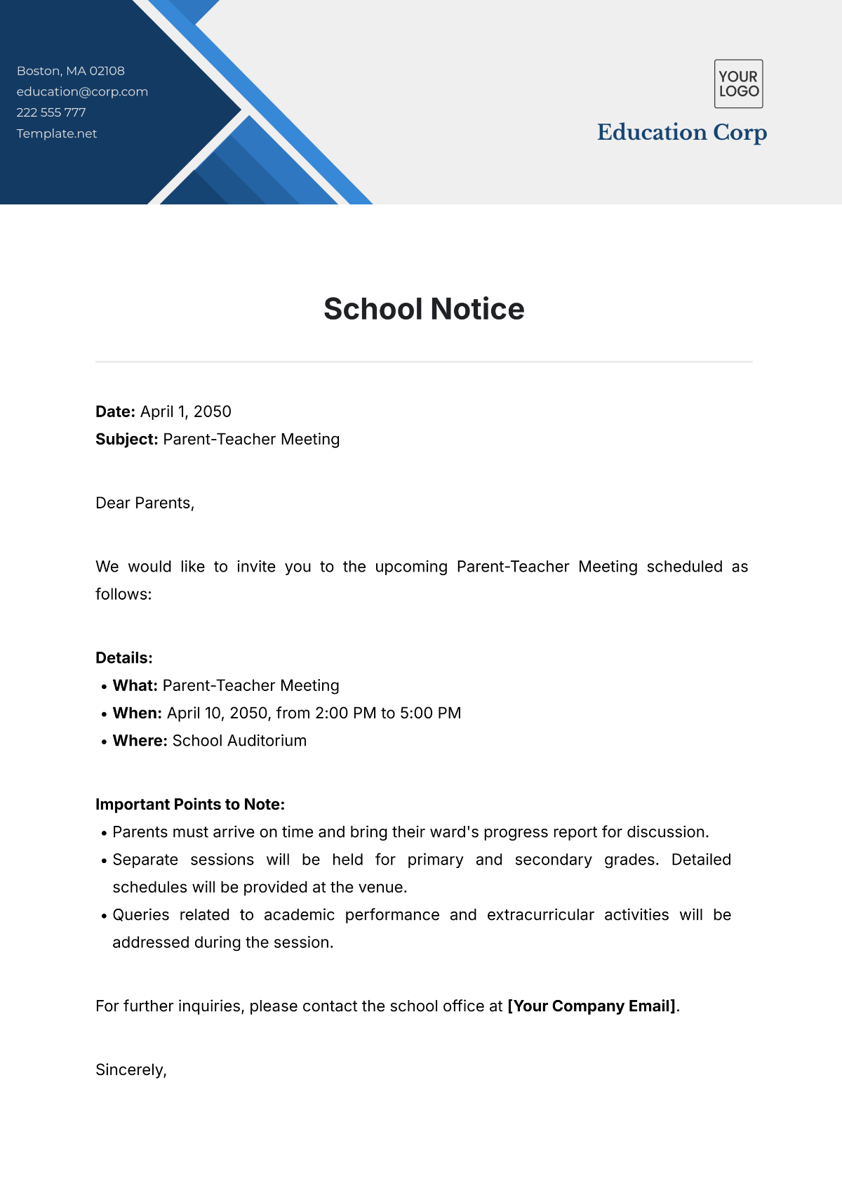 School Notice Template - Edit Online & Download