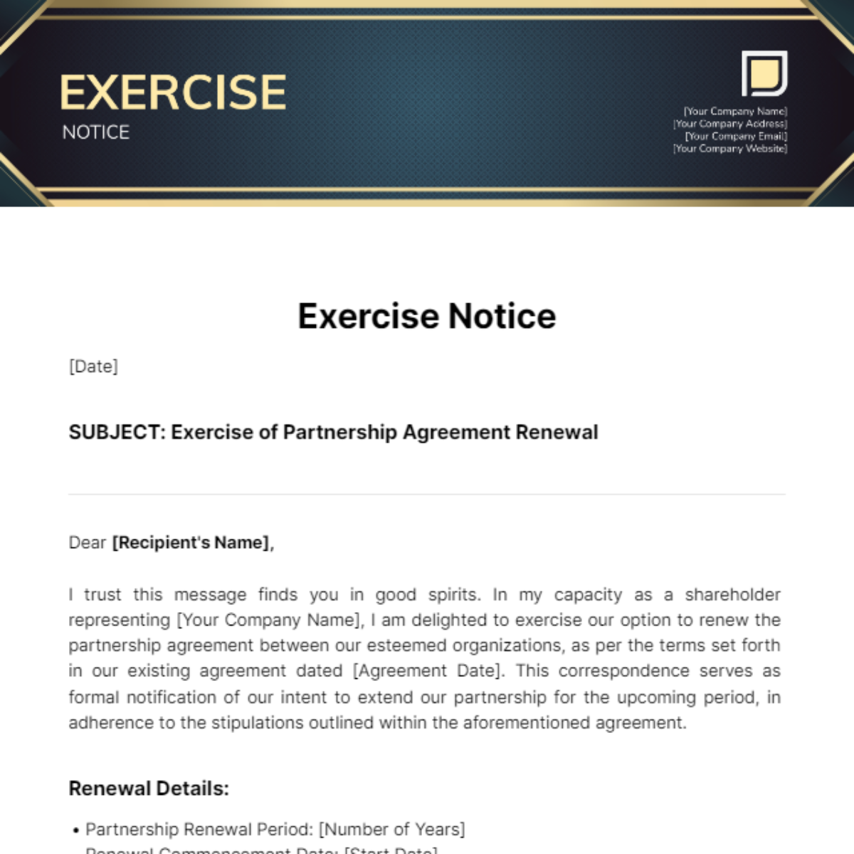 Exercise Notice Template