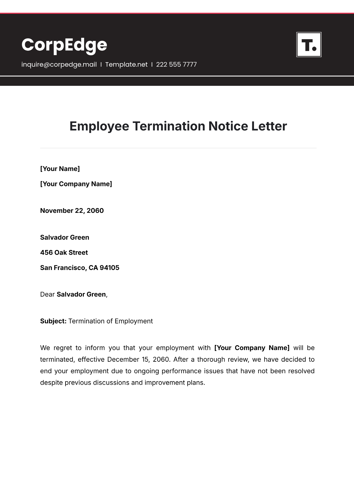 Employee Termination Notice Letter - Edit Online & Download