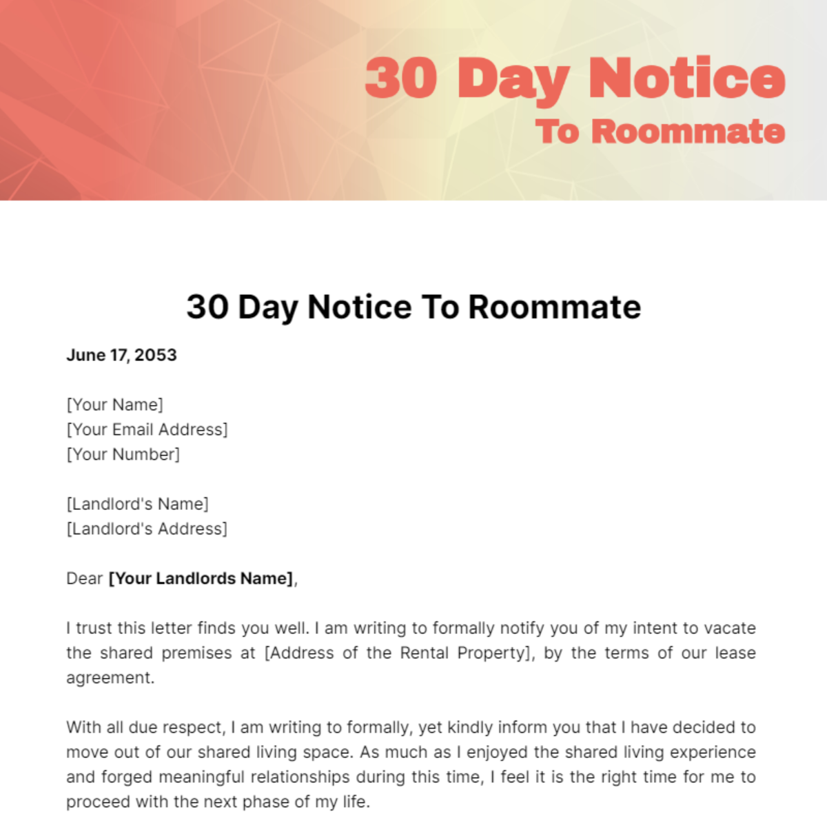 Free 30 Day Notice To Roommate Template