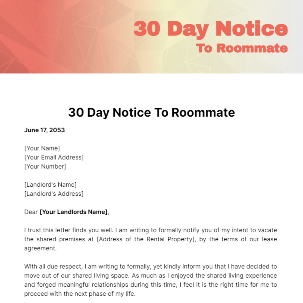 30 Day Notice To Roommate Template - Edit Online & Download