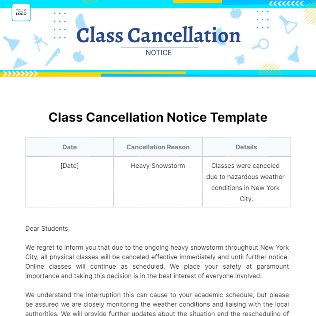 Class Cancellation Notice Template - Edit Online & Download