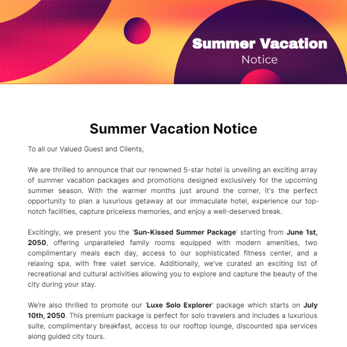 Summer Vacation Notice Template - Edit Online & Download