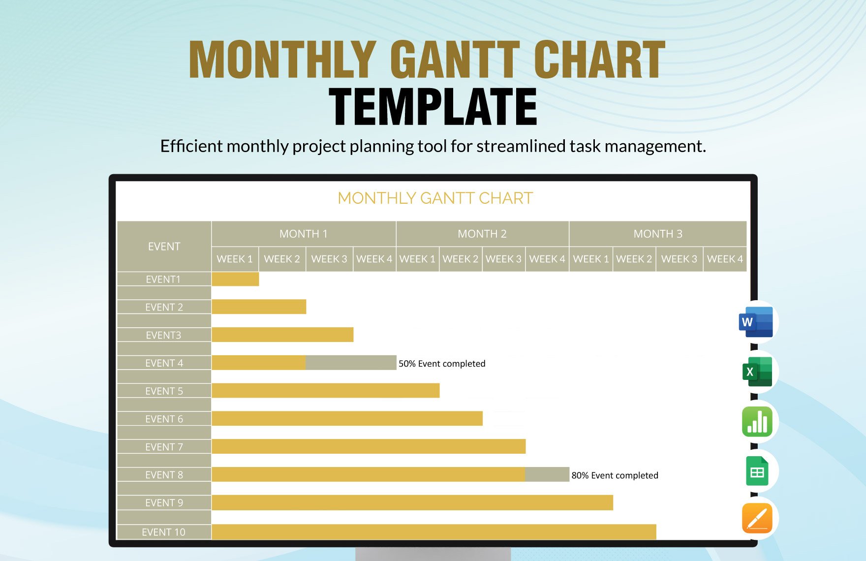 Monthly Gantt Chart Template in Word, Excel, Google Sheets, Apple Pages, Apple Numbers