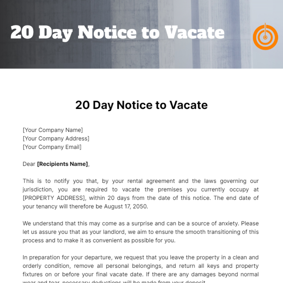 Free 20 Day Notice to Vacate Template