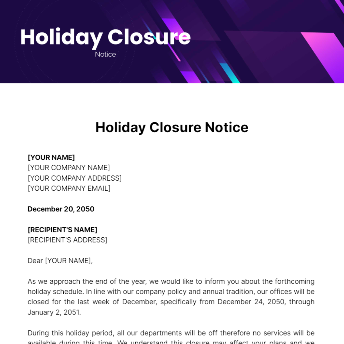 Holiday Closure Notice Template - Edit Online & Download