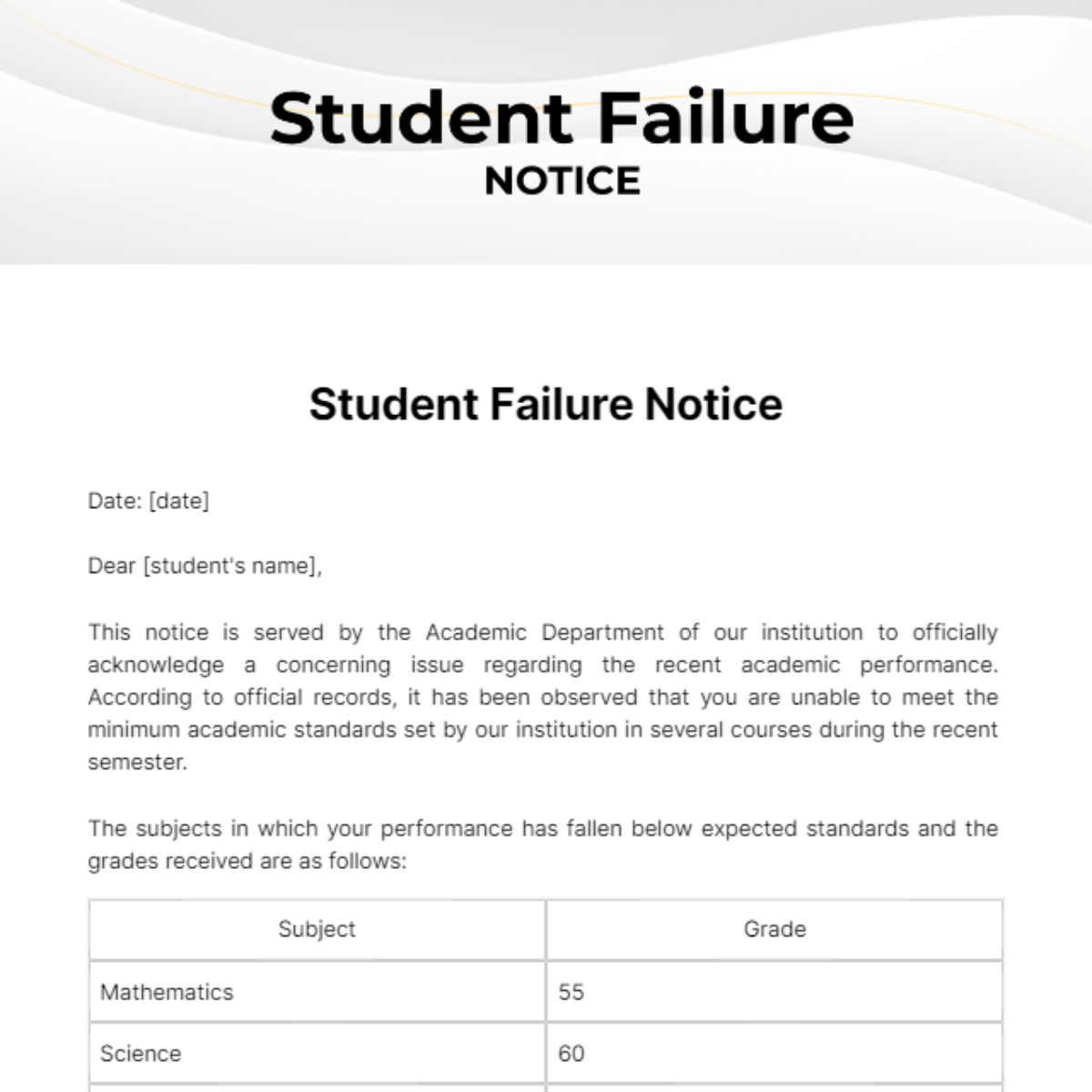 Student Failure Notice Template