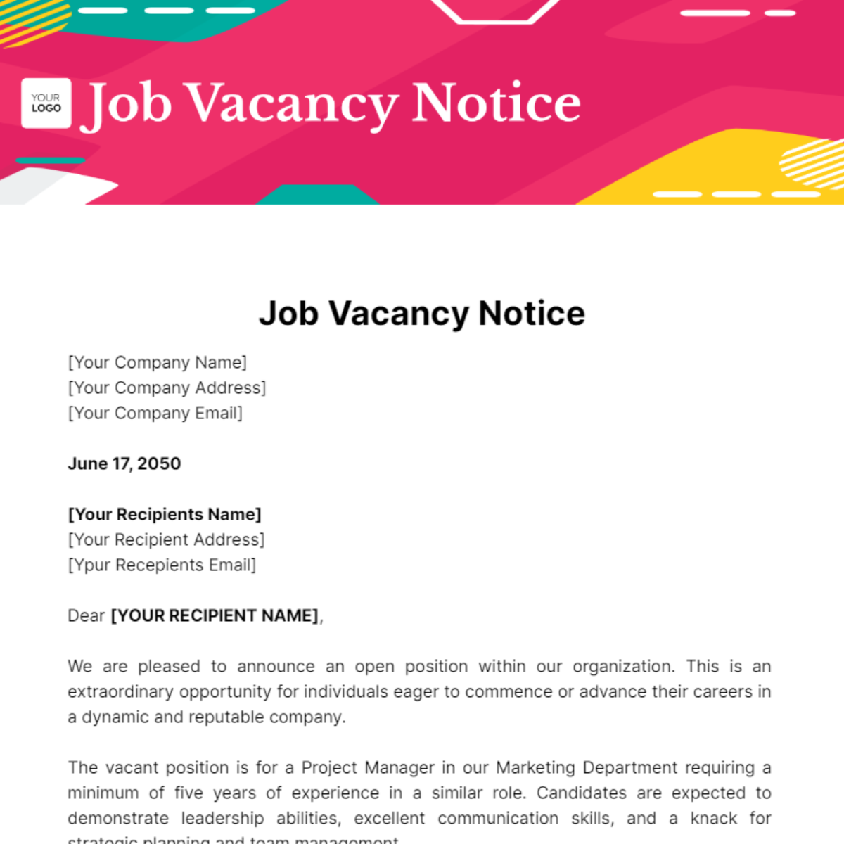 Free Job Vacancy Notice Template - Edit Online & Download | Template.net