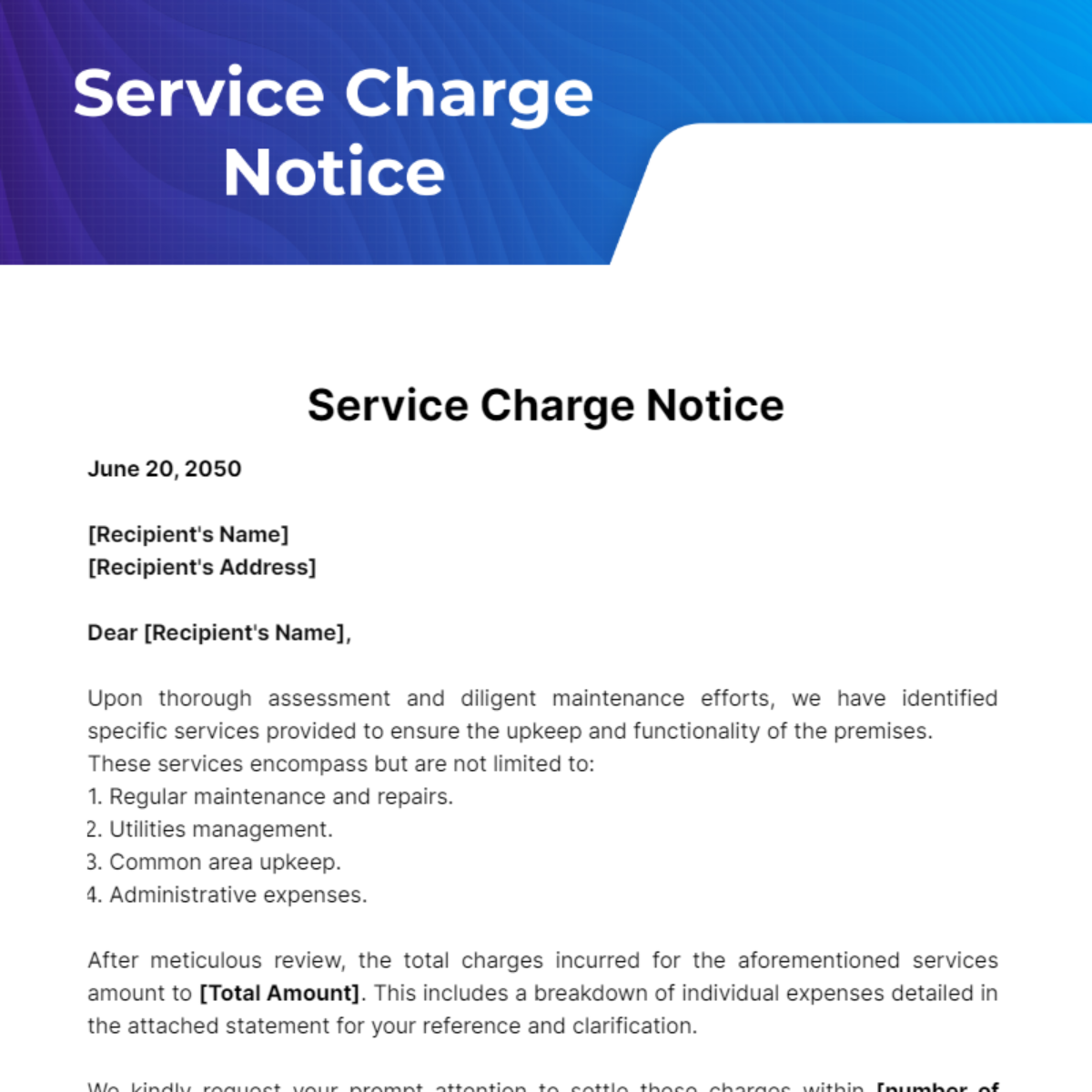 Service Charge Notice Template - Edit Online & Download