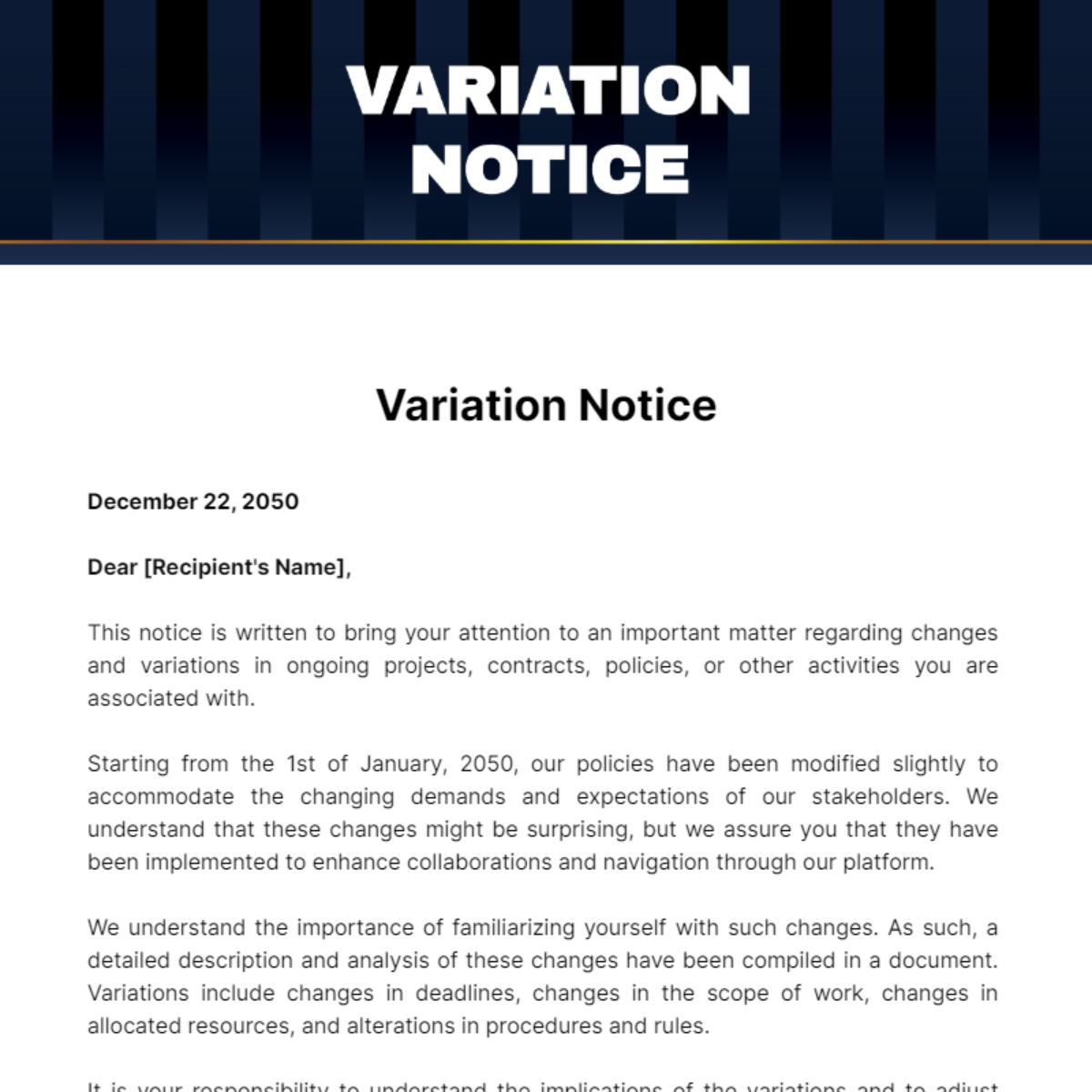 Variation Notice Template - Edit Online & Download