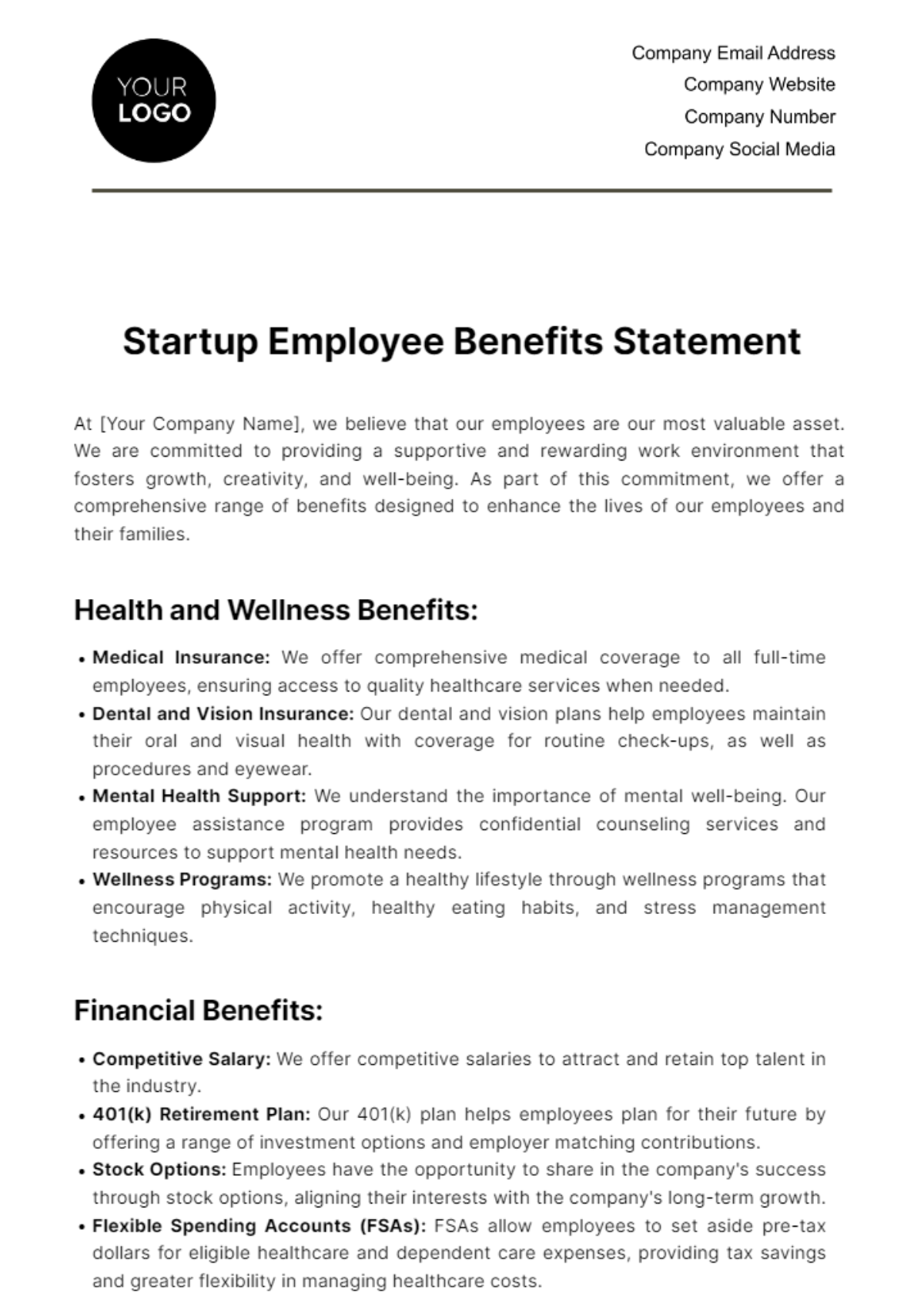Free Startup Employee Benefits Statement Template