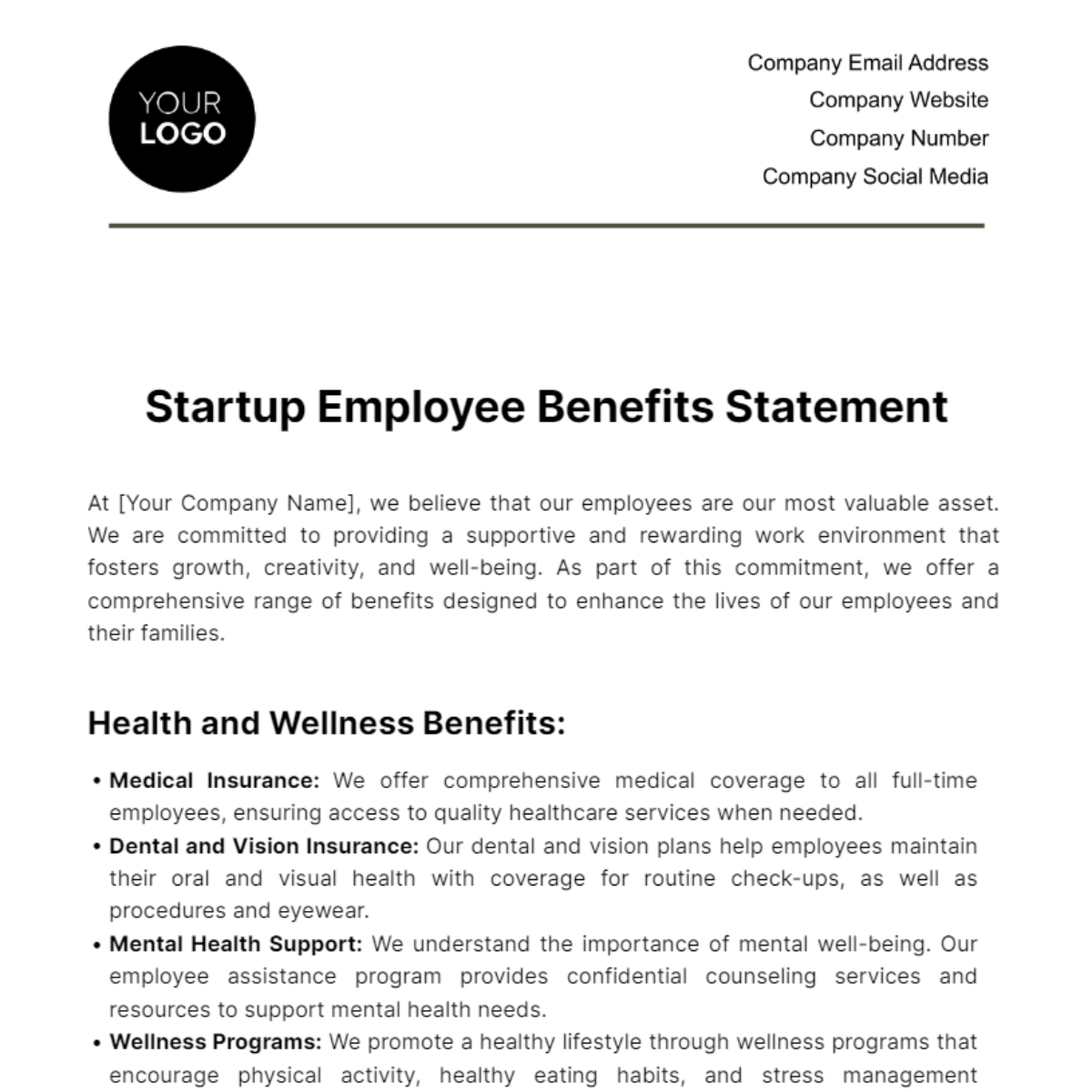 Startup Employee Benefits Statement Template - Edit Online & Download ...