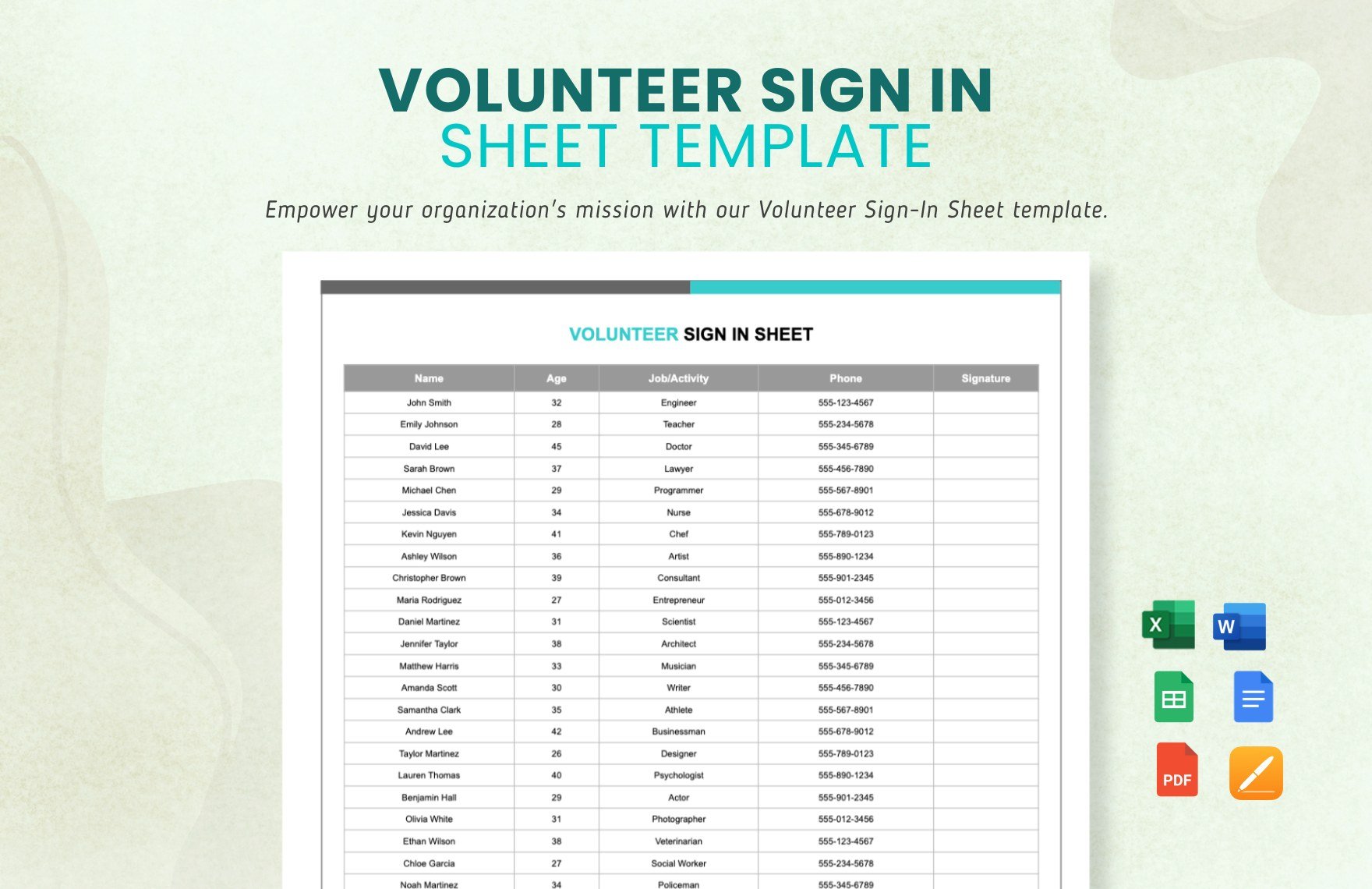 Free Volunteer Sign In Sheet Template in Word, Google Docs, Excel, PDF, Google Sheets, Apple Pages