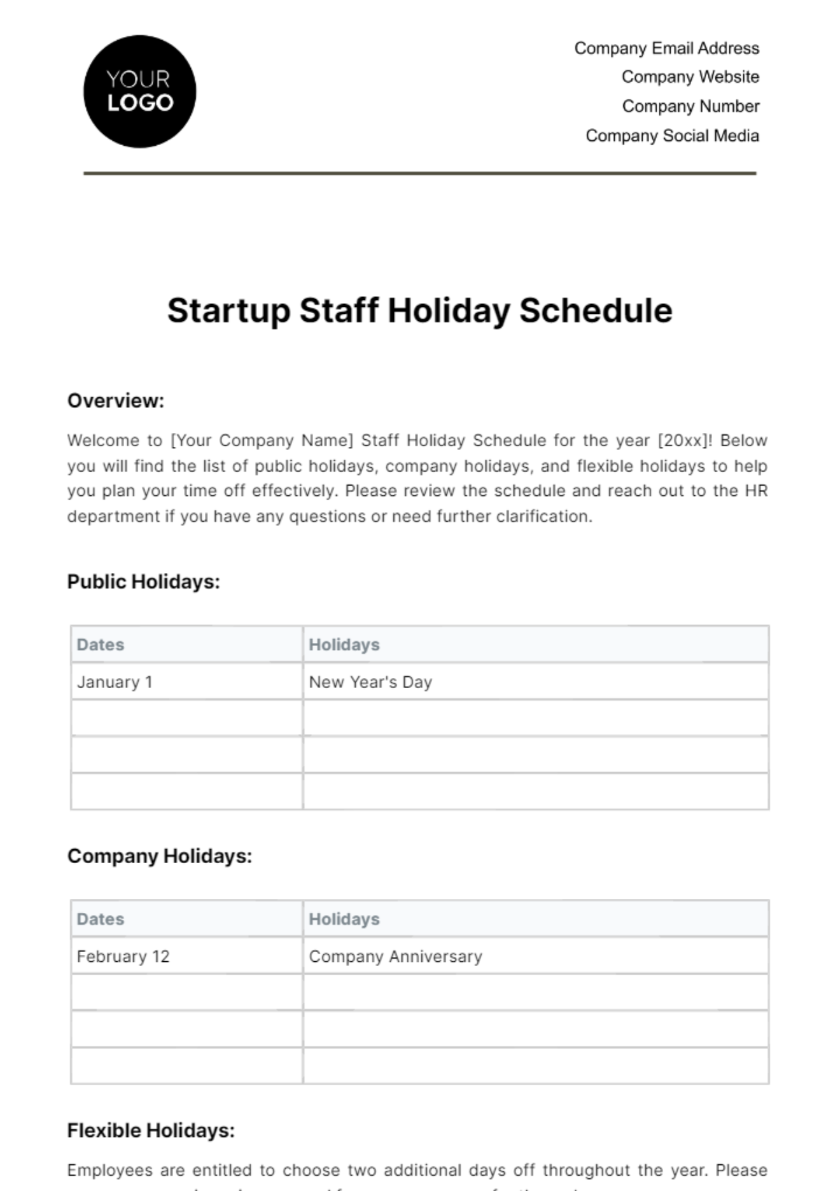 Free Startup Staff Holiday Schedule Template