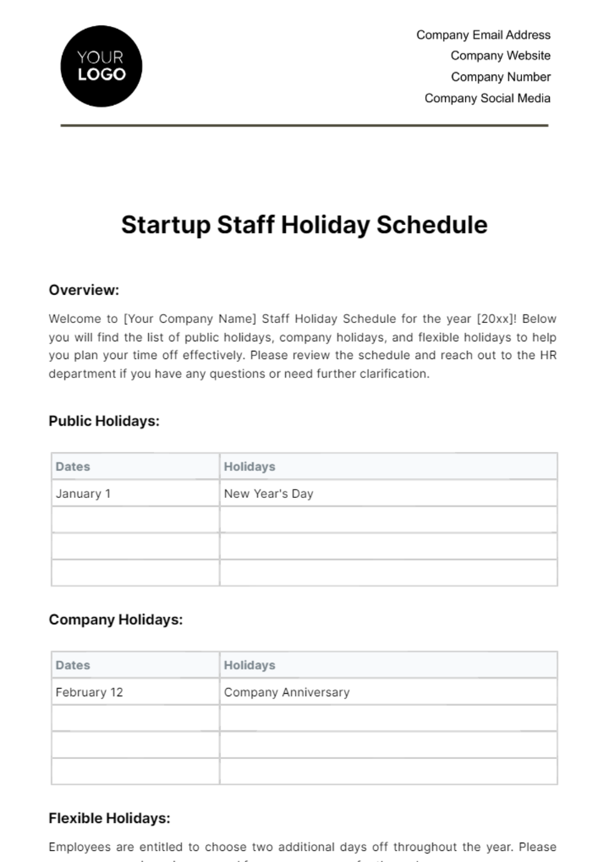 Free Startup Staff Holiday Schedule Template To Edit Online