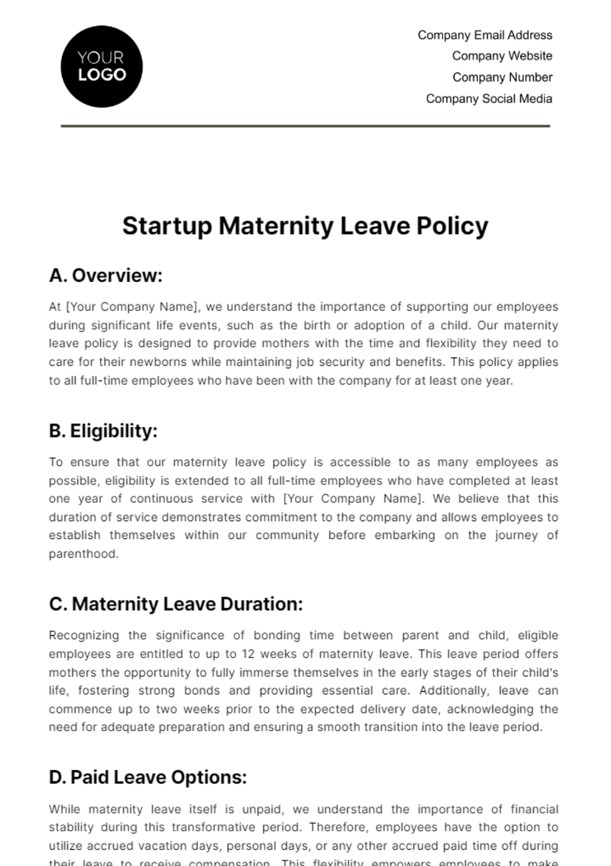 Free Startup Maternity Leave Policy Template