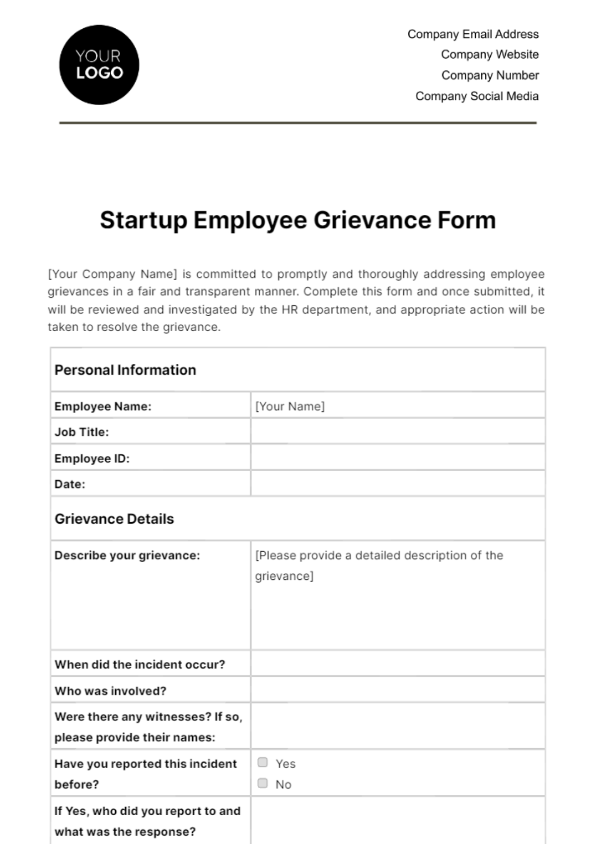 Startup Employee Grievance Form Template