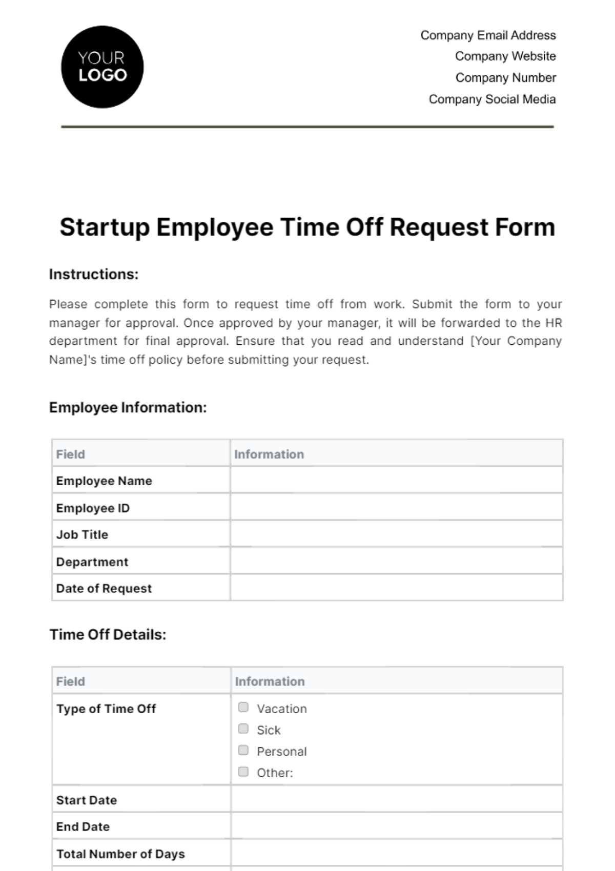 Startup Employee Time Off Request Form Template