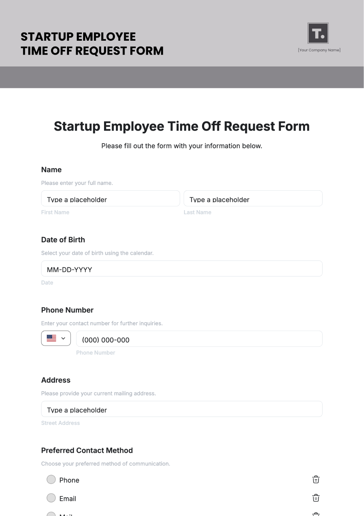 Free Startup Employee Time Off Request Form Template