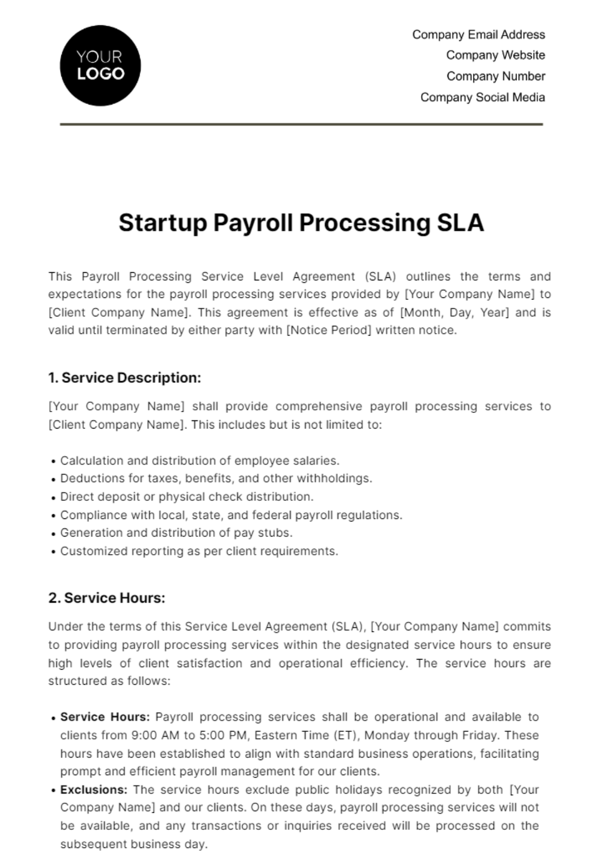 Free Startup Payroll Processing SLA Template