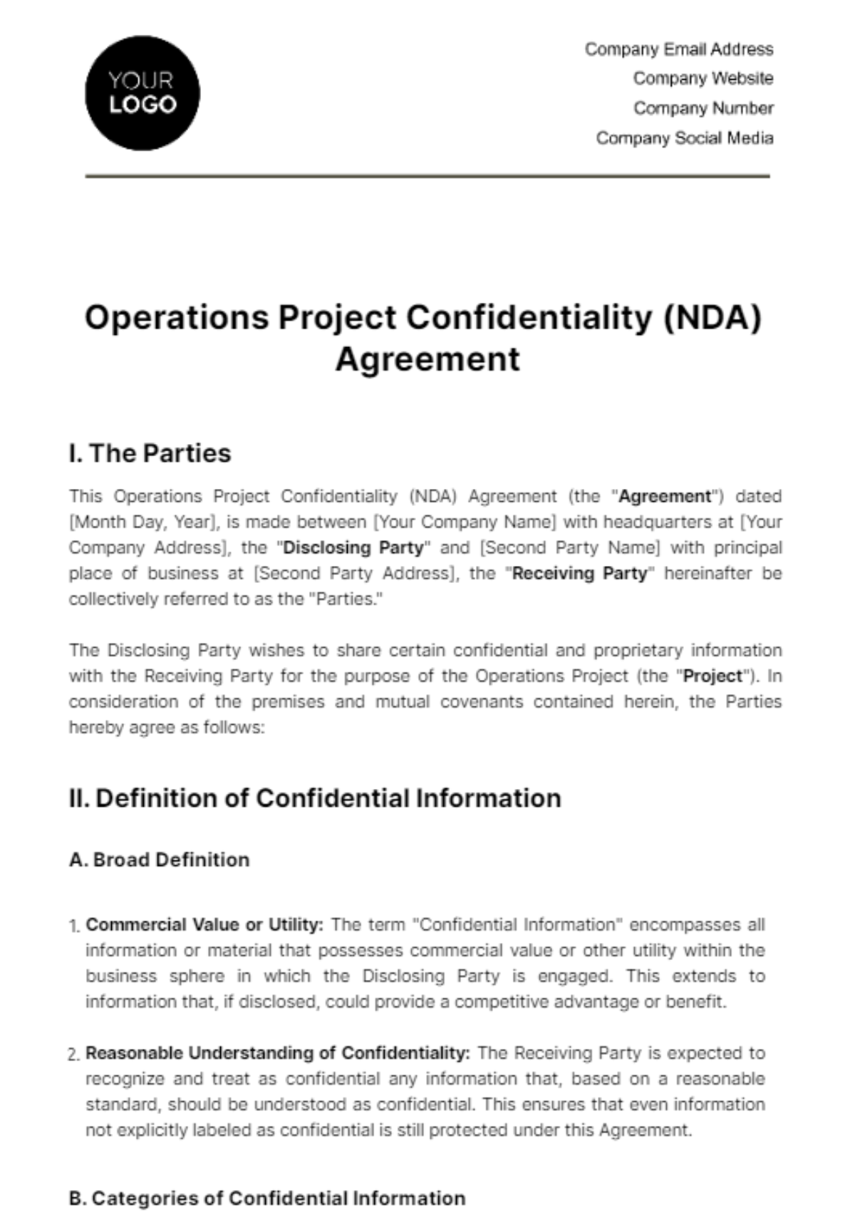 Free Operations Project Confidentiality (NDA) Agreement Template