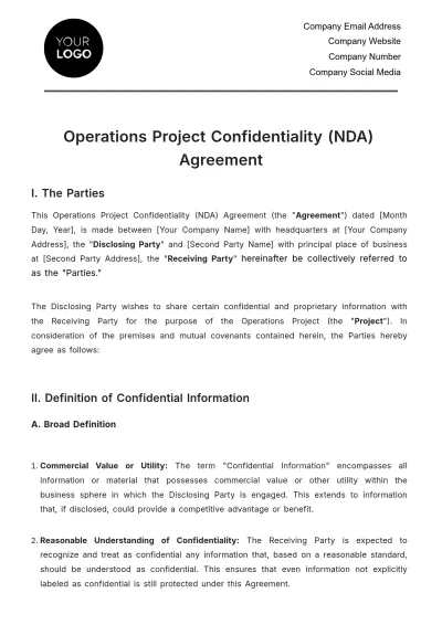 Free Operations Project Confidentiality (NDA) Agreement Template to Edit Online