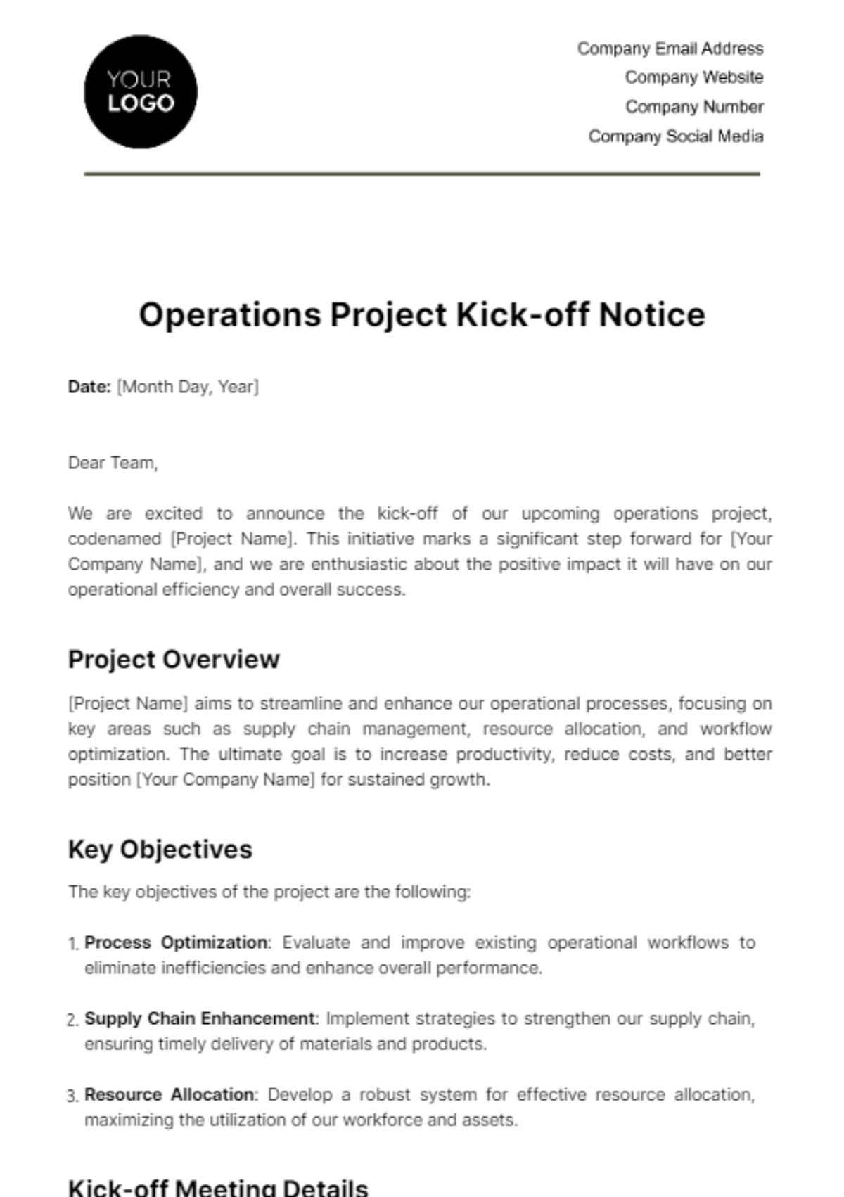 Operations Project Kick-off Notice Template
