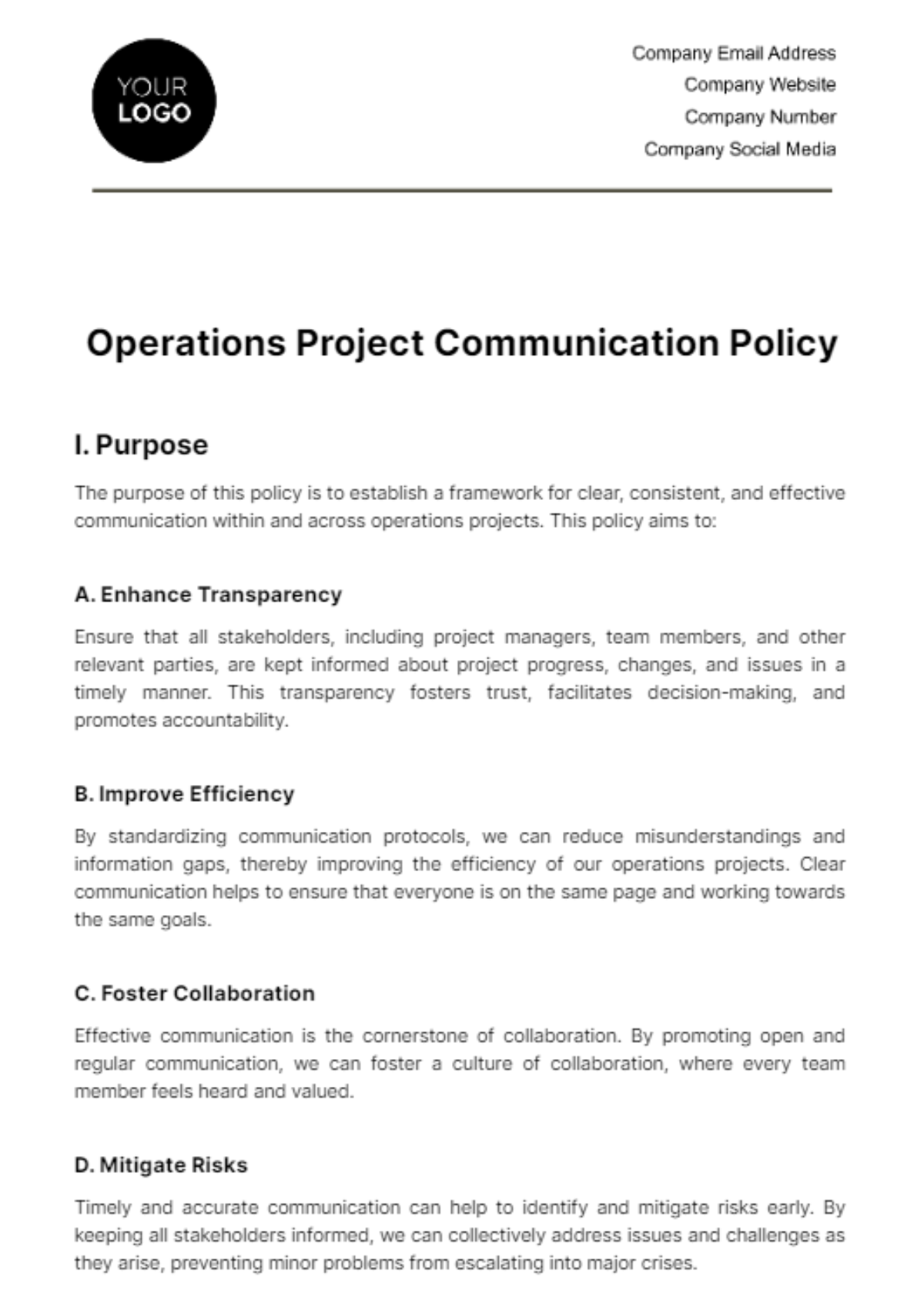 Free Operations Project Communication Policy Template