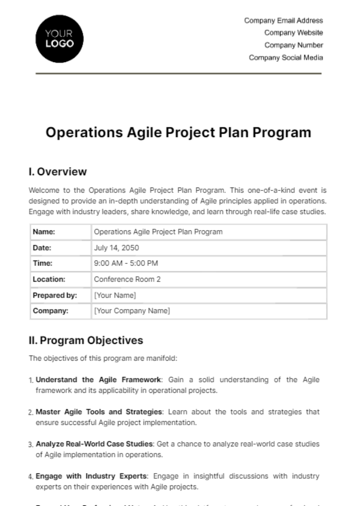 Free Operations Agile Project Plan Program Template
