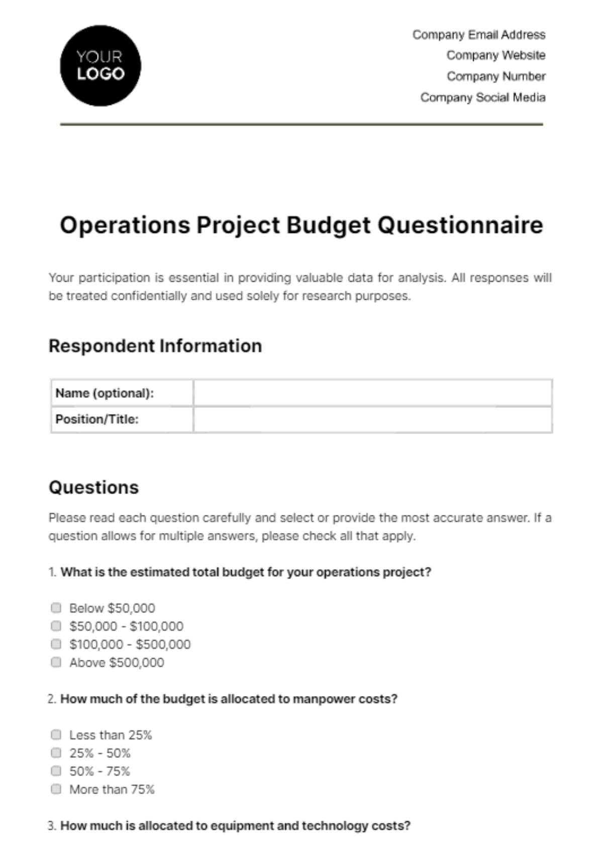 Free Operations Project Budget Questionnaire Template
