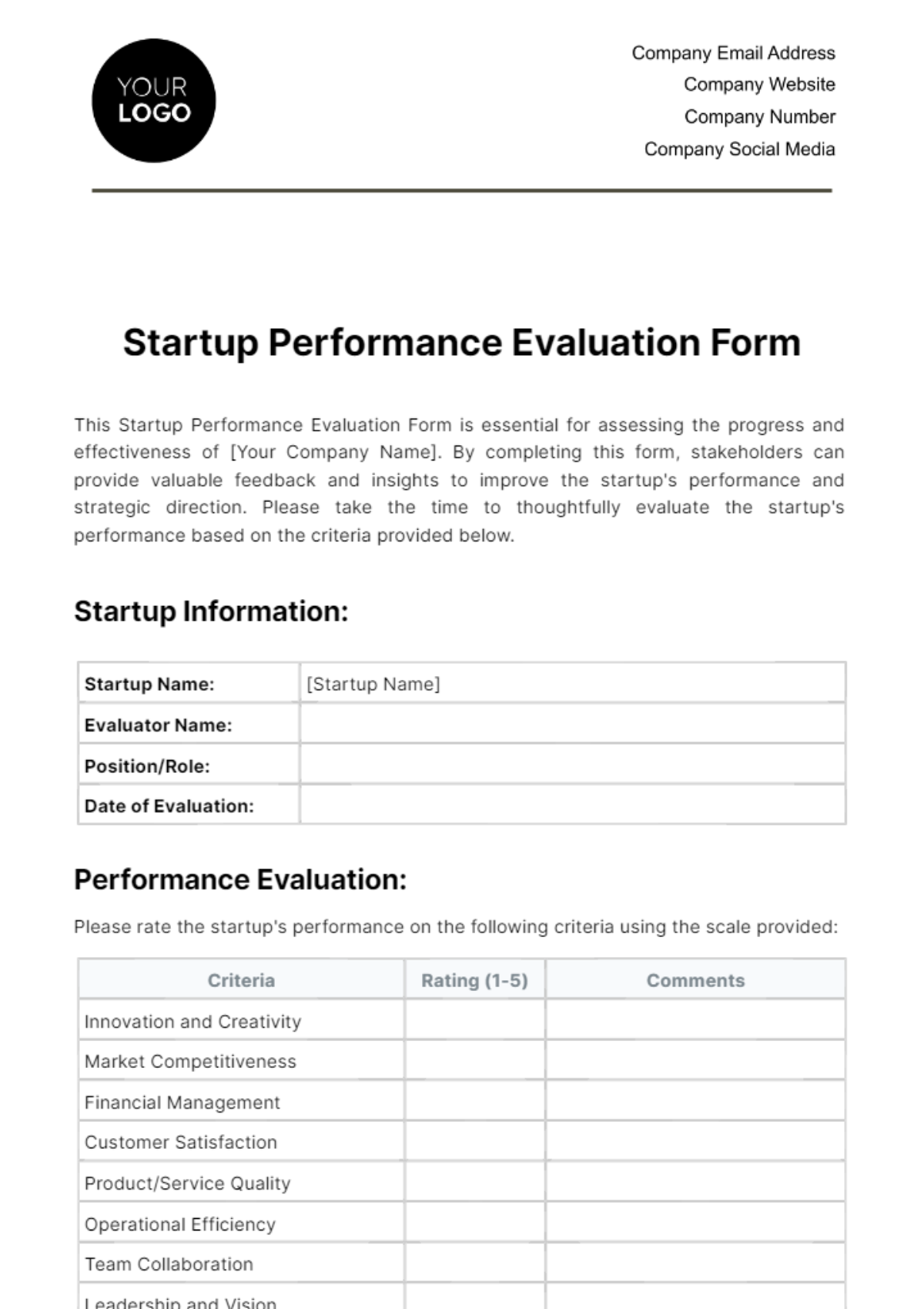 Free Startup Performance Evaluation Form Template