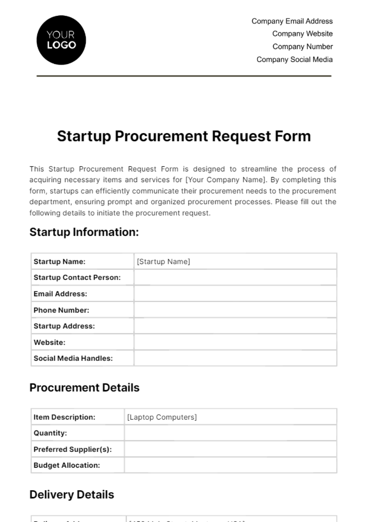 Startup Procurement Request Form Template