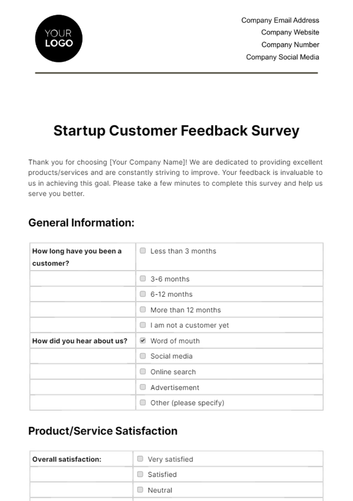 Free Startup Customer Feedback Survey Template