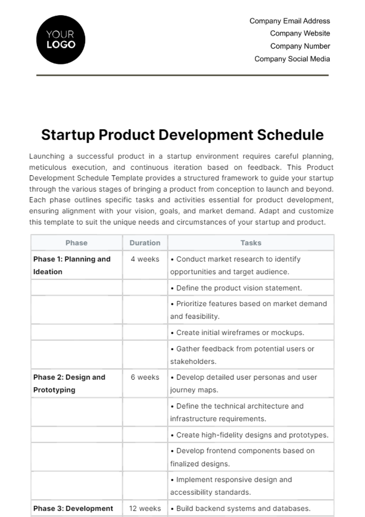 Startup Product Development Schedule Template