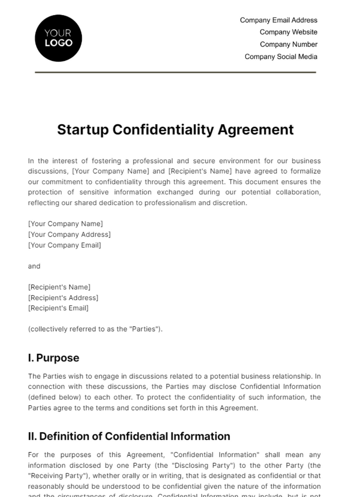 Free Startup Confidentiality Agreement Template