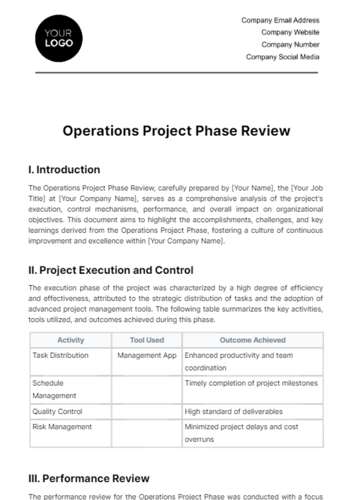Operations Project Phase Review Template
