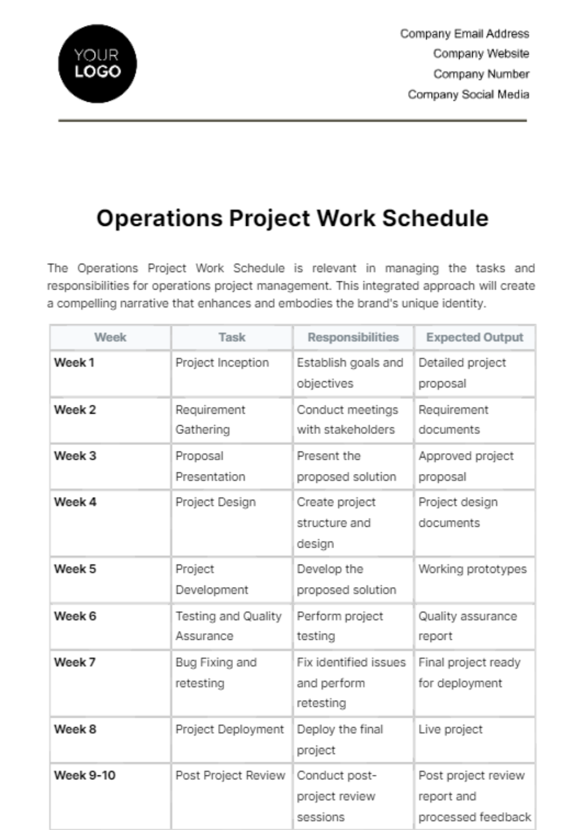 Free Operations Project Work Schedule Template