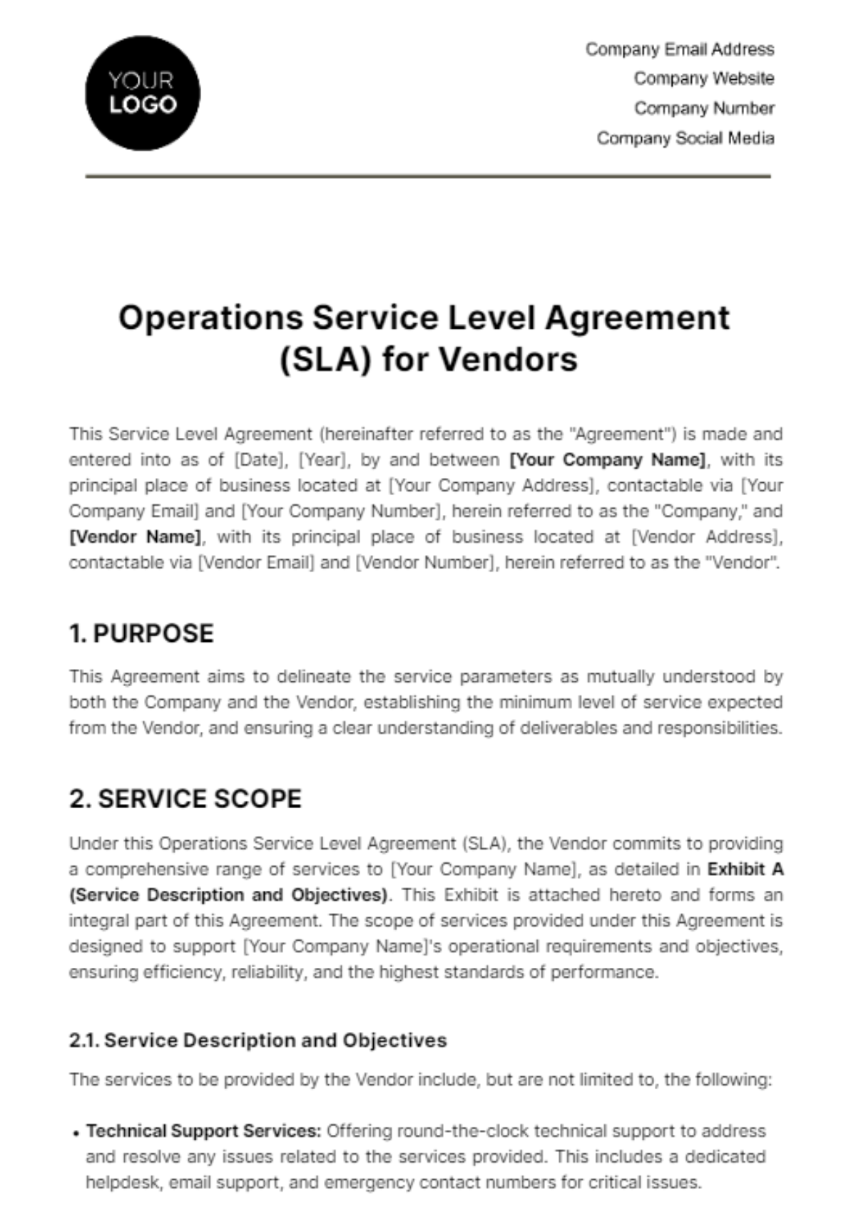 Operations Service Level Agreement (SLA) for Vendors Template