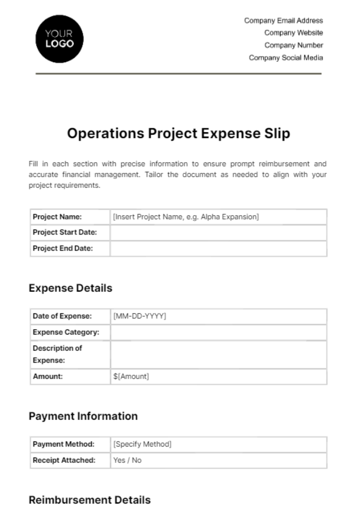 Free Operations Project Expense Slip Template