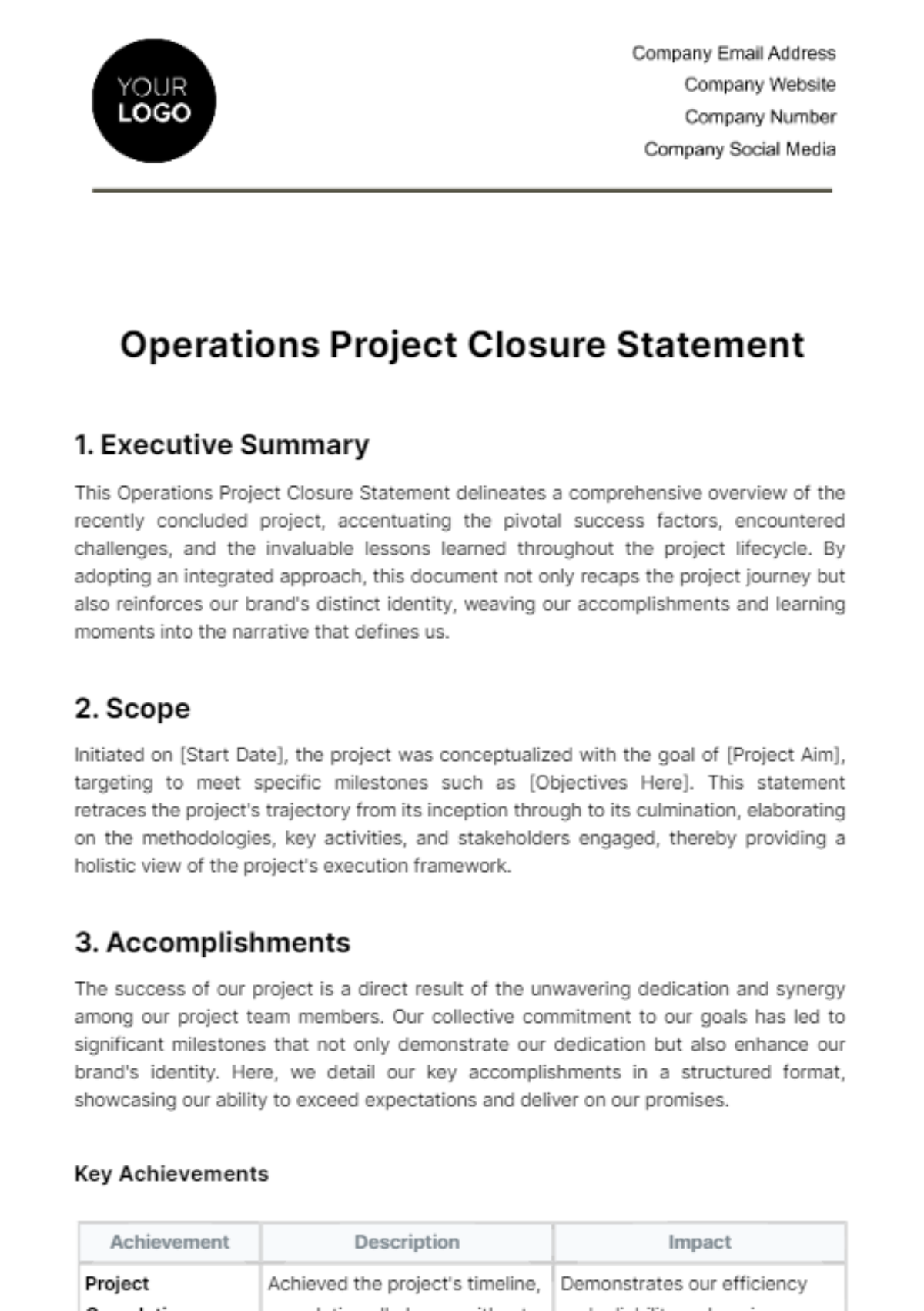 Free Operations Project Closure Statement Template
