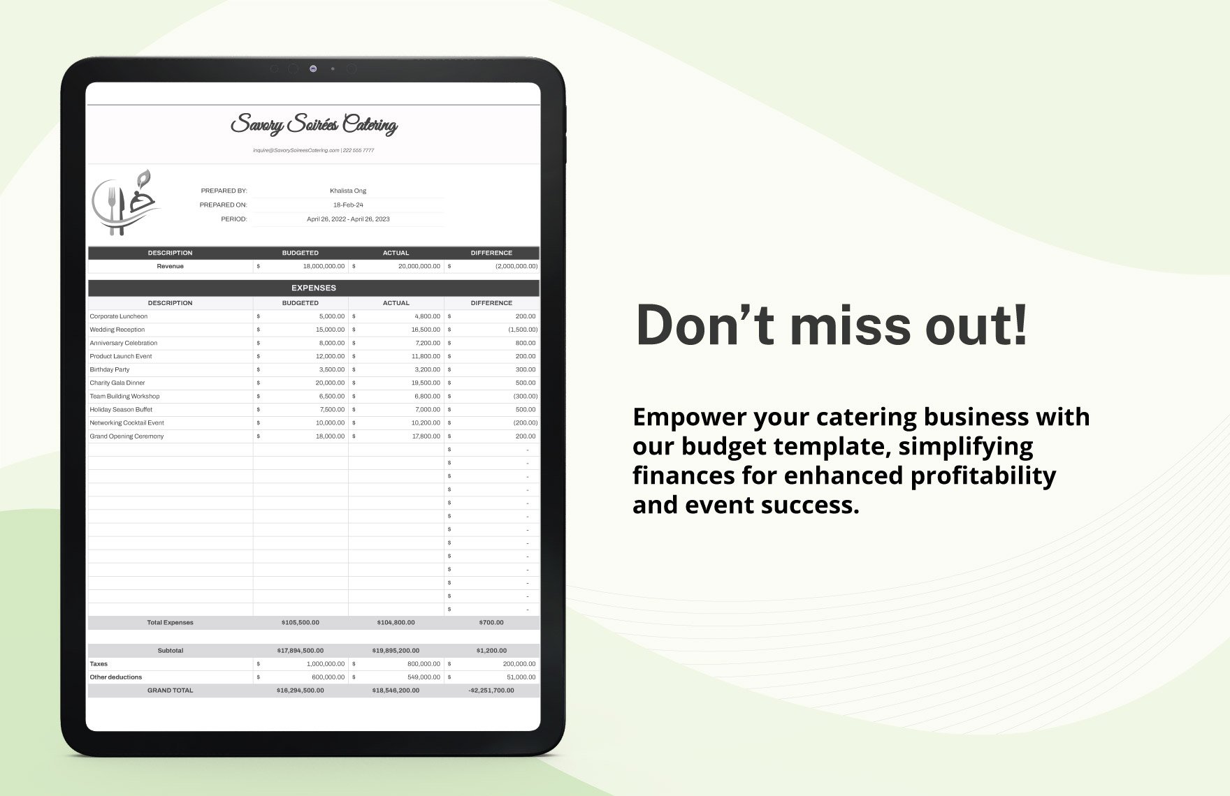 Catering Event Budget Template