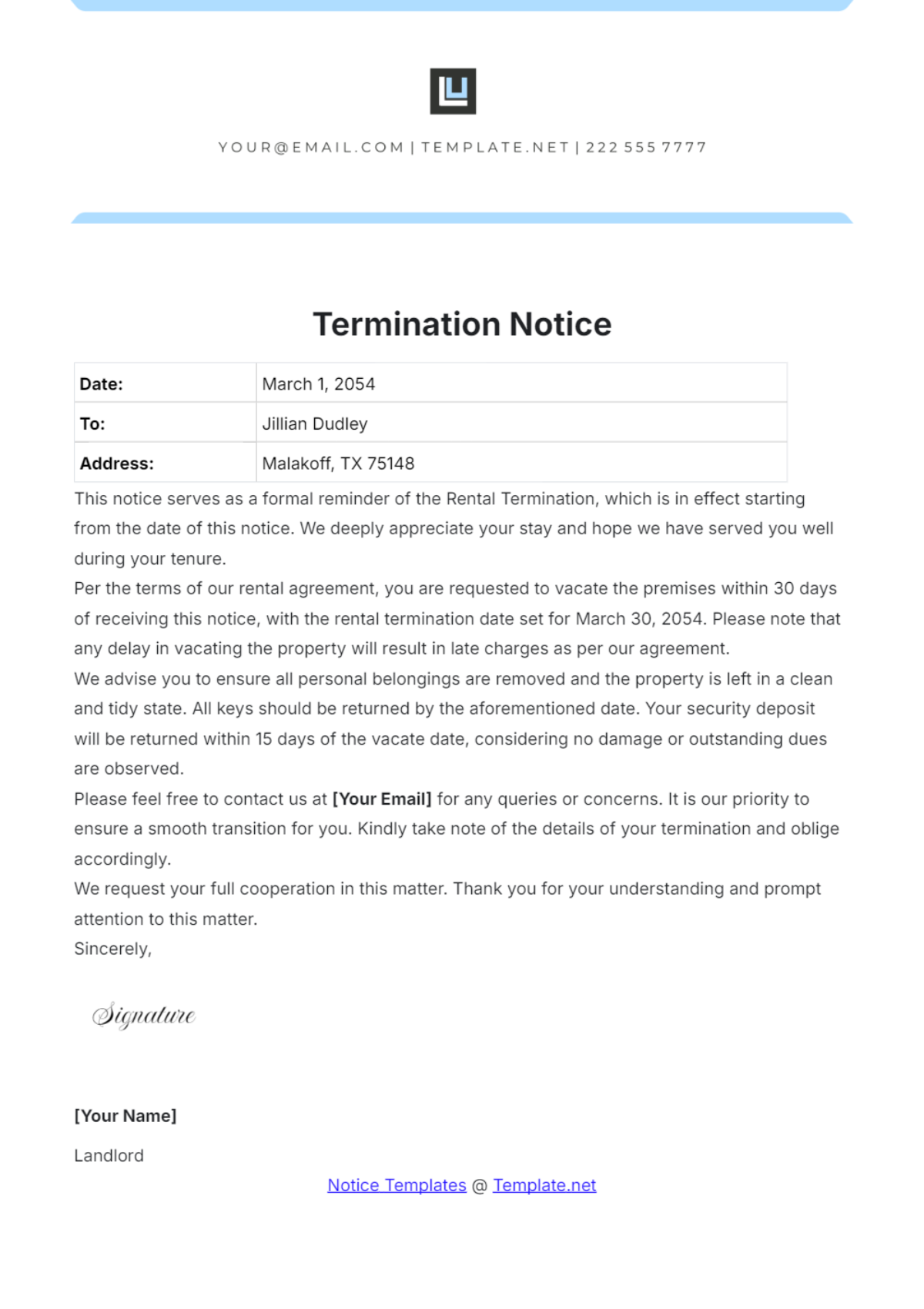 Free Professional Termination Notice Template