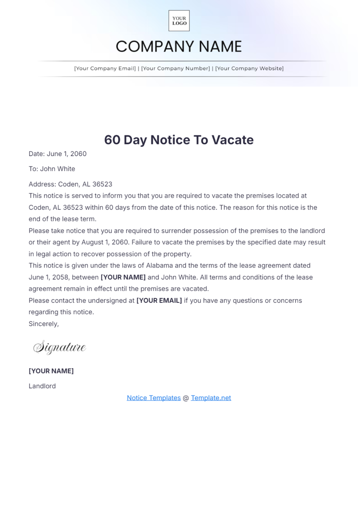 60 Day Notice To Vacate Template - Edit Online & Download