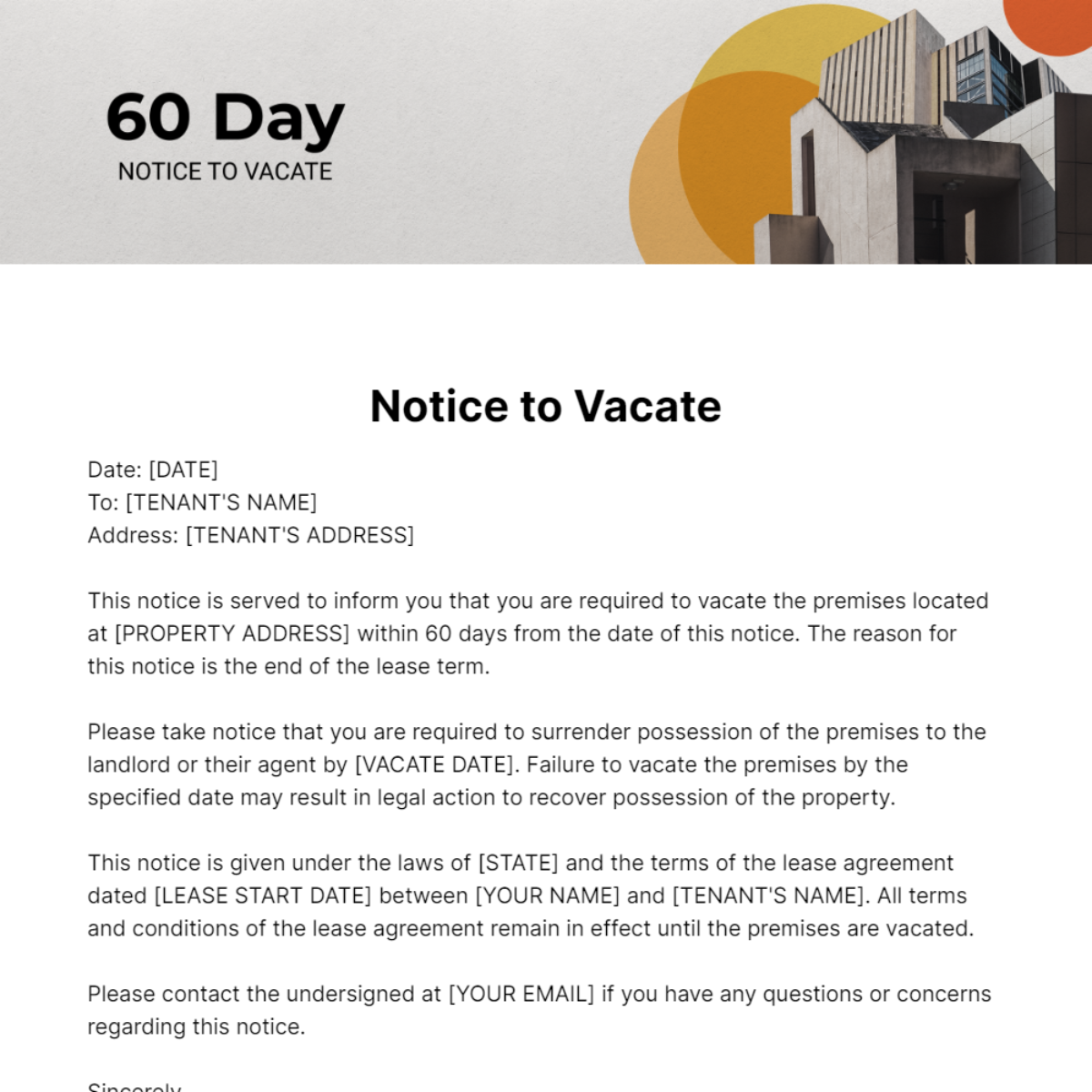 Free 60 Day Notice To Vacate Template